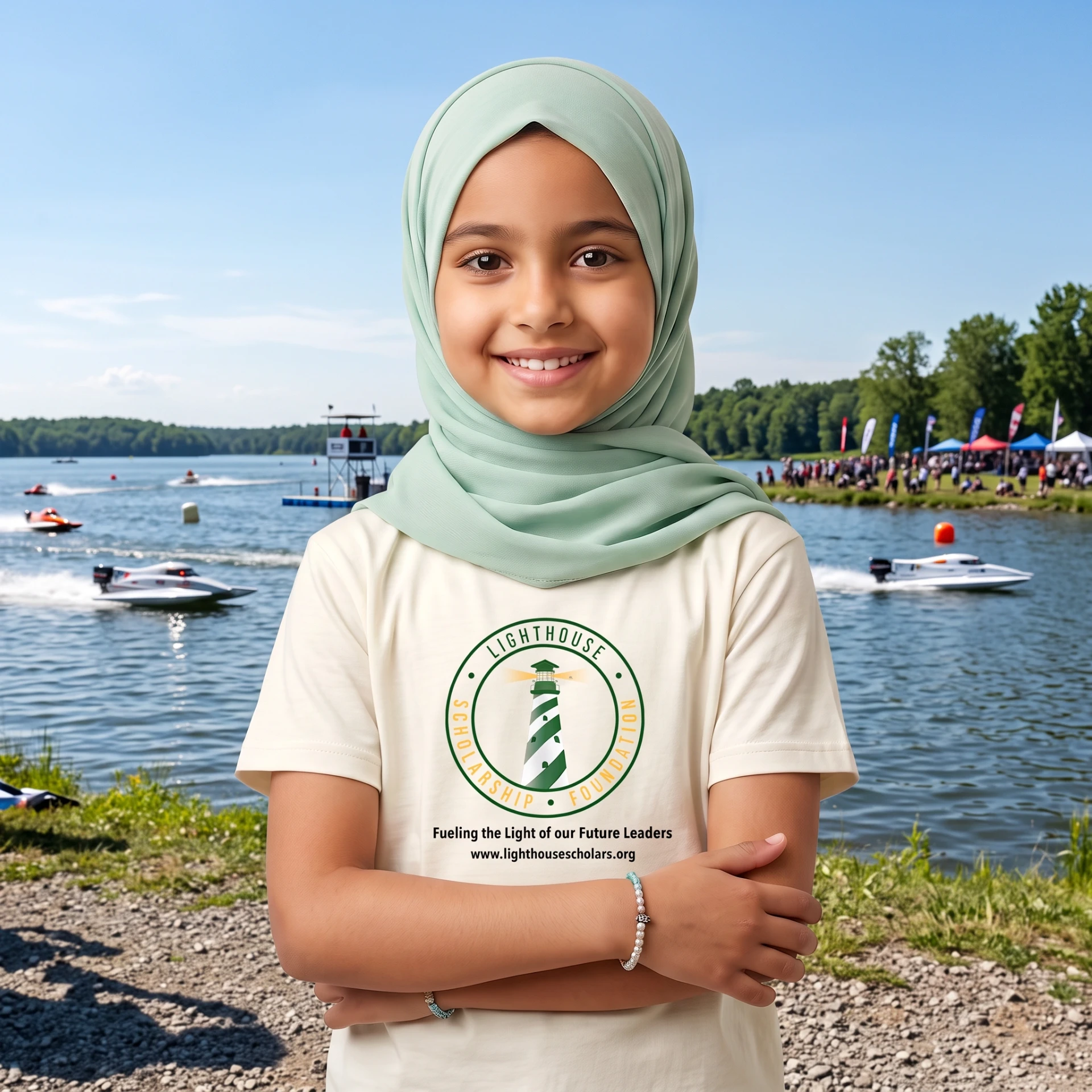 Child wearing the cream Lighthouse Scholarship Foundation shirt at the Al-Noor Boat Race